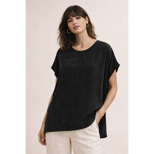 Eileen Fisher Black 100% Silk Boxy Top Minimalist Short Sleeve Oversized S